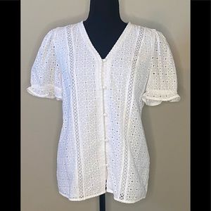 Karl Lagerfeld White Eyelit button up top with bloused sleeves NWT SIZE XS